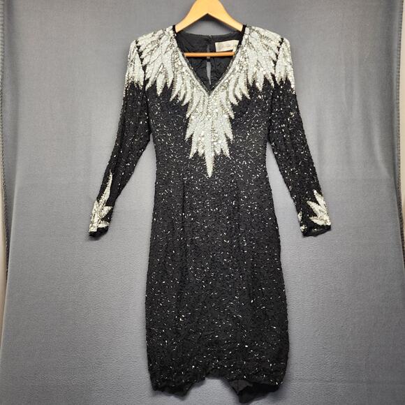 Vintage Womens Dress 4 Silk Beaded Sequin Black Stretch Evening Party Cocktail - Picture 1 of 16